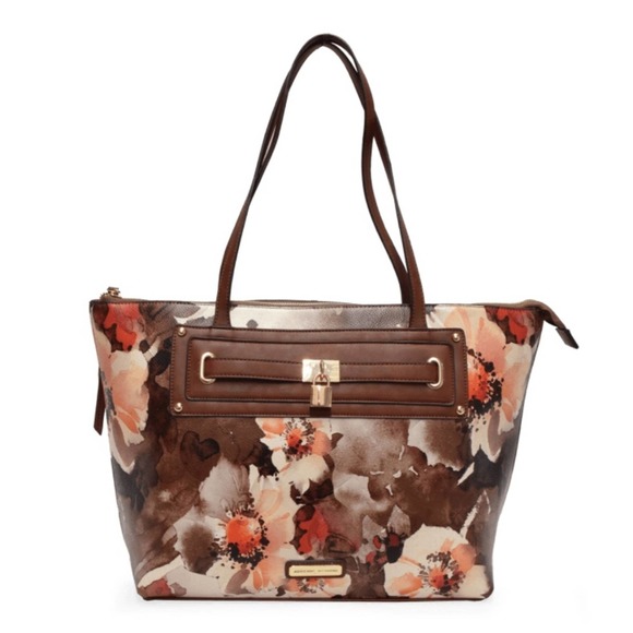 Adrienne Vittadini Brown Botanical Gardens Lock Tote Large Handbag - Picture 1 of 12